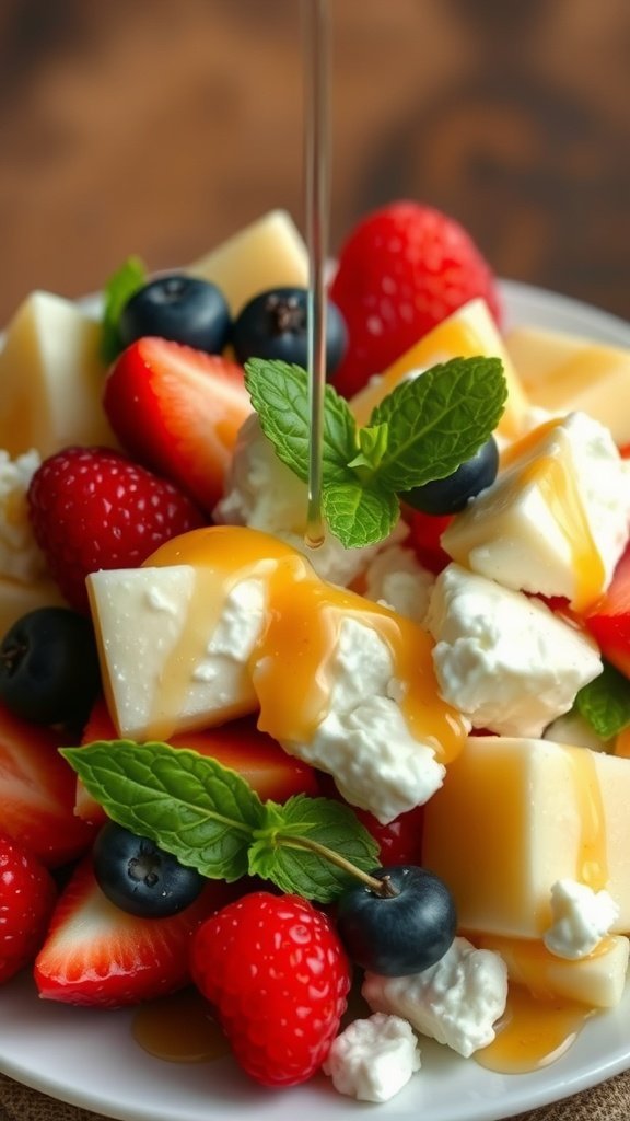 A colorful bowl of cottage cheese fruit salad topped with fresh berries and honey.