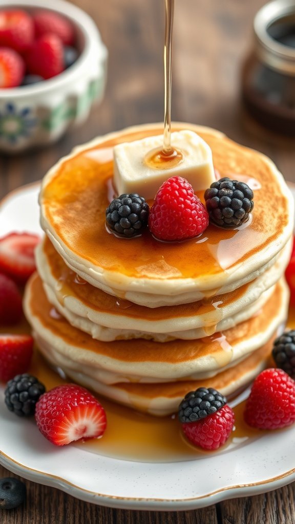 Fluffy savory cottage cheese pancakes topped with fresh berries and syrup.