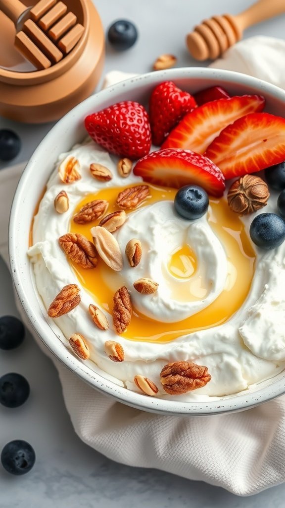 A delicious cottage cheese breakfast bowl topped with fresh berries, honey, and nuts.