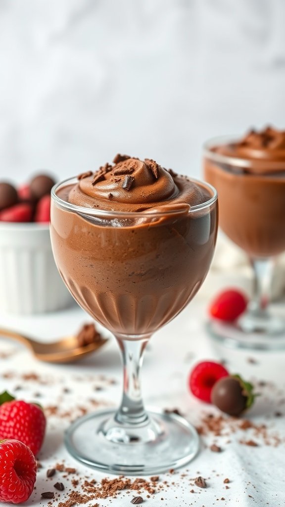 A luxurious chocolate mousse made with cottage cheese served in a glass dessert cup, garnished with chocolate shavings and surrounded by fresh raspberries.