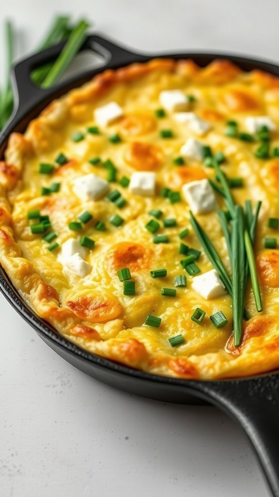 A close-up of a fluffy frittata topped with chives and cottage cheese, served in a cast iron skillet.