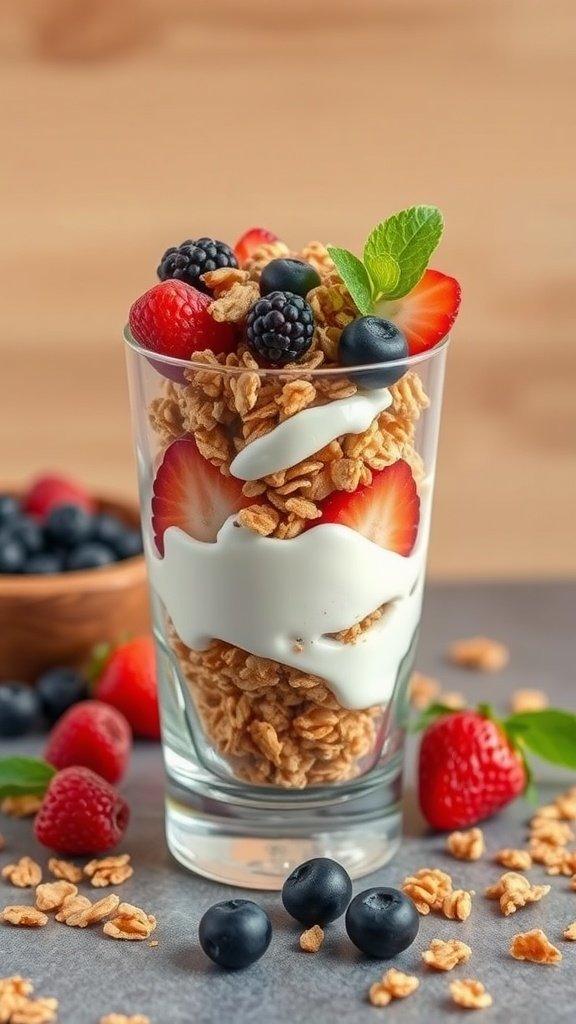 A delicious cottage cheese and fruit parfait layered with granola and fresh berries.