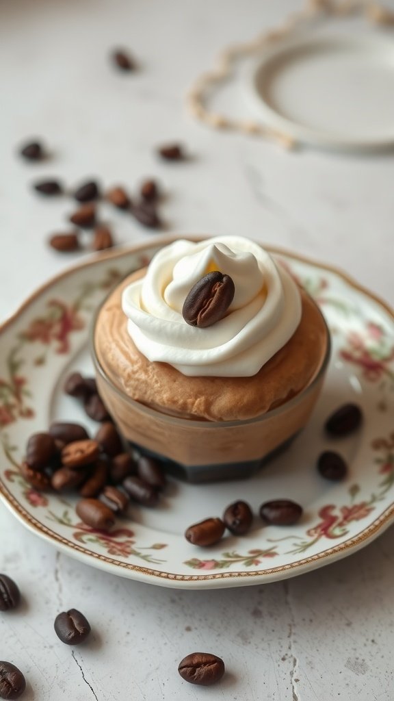 Delicious coffee mousse topped with whipped cream and a coffee bean