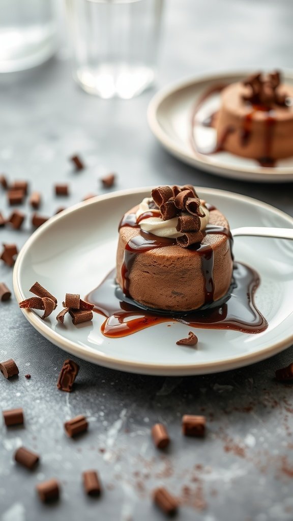 Delicious mocha mousse topped with chocolate shavings and espresso drizzle on a plate.