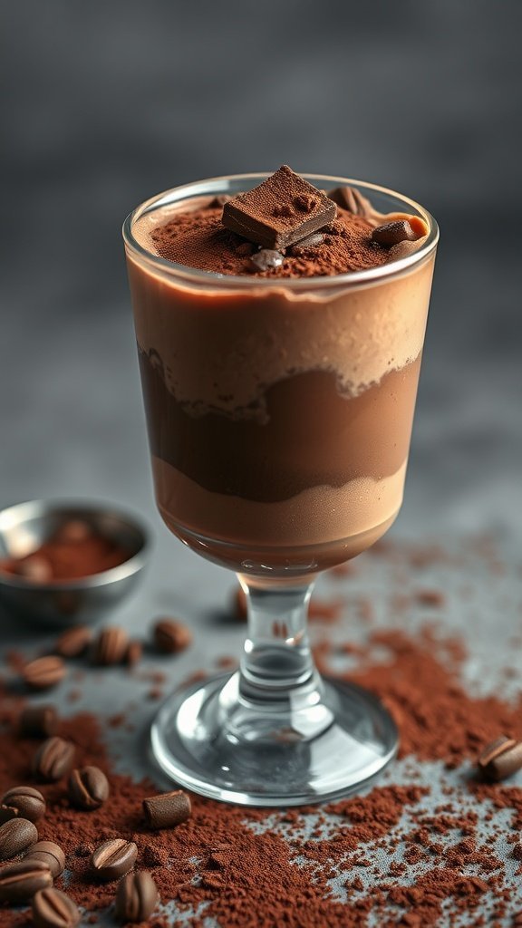 A delicious Chocolate-Coffee Mousse Parfait served in a clear glass, topped with chocolate shavings and cocoa powder.