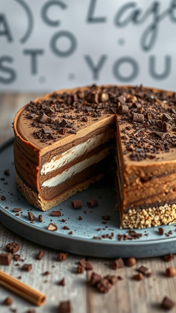 A layered coffee mousse torte with an almond crust topped with chocolate shavings.