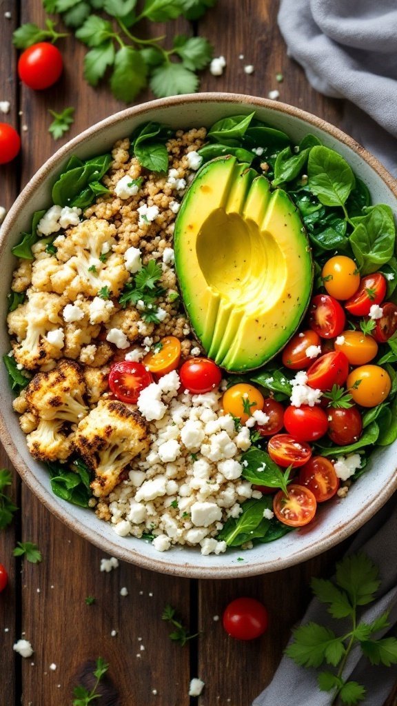 A colorful vegetarian power bowl with roasted cauliflower, quinoa, spinach, cherry tomatoes, and avocado, garnished with feta cheese and herbs.