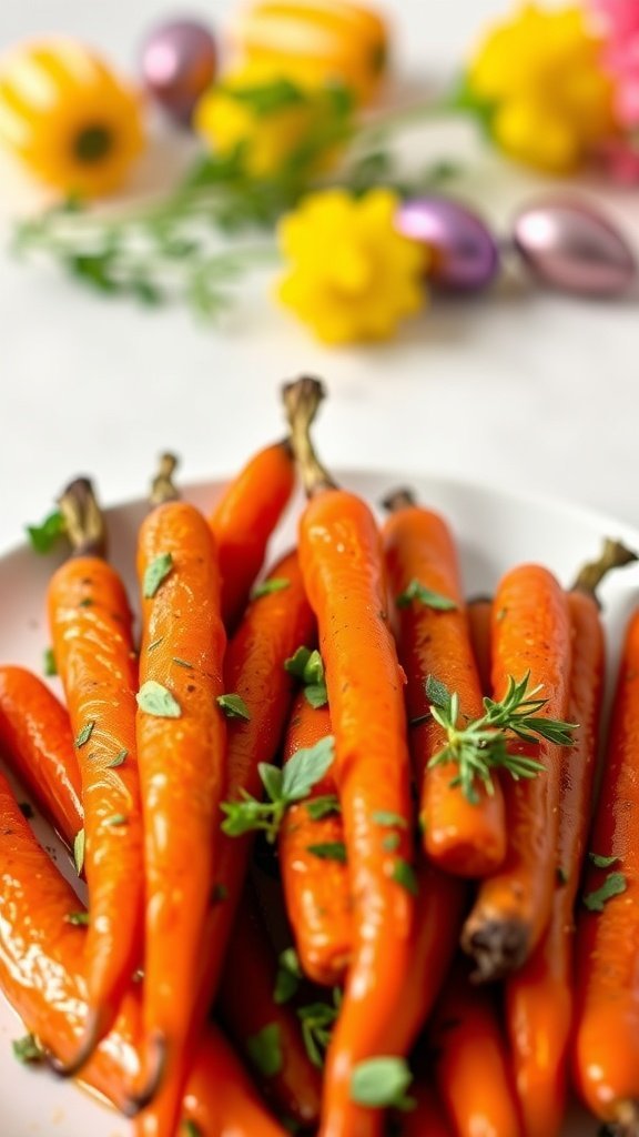 A plate of honey glazed carrots garnished with herbs, perfect for Easter dinner.