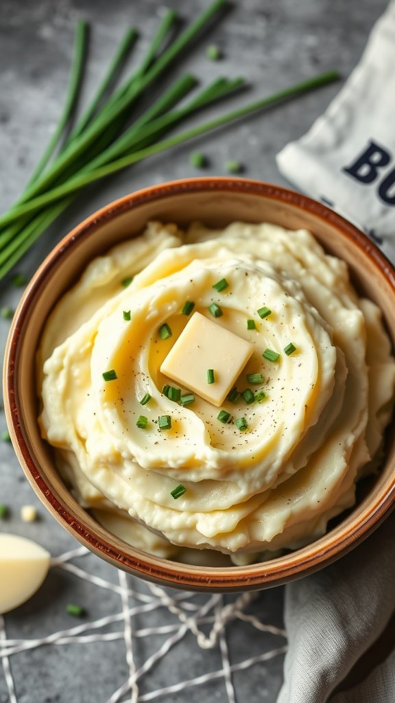 A bowl of creamy garlic mashed potatoes topped with butter and chives.