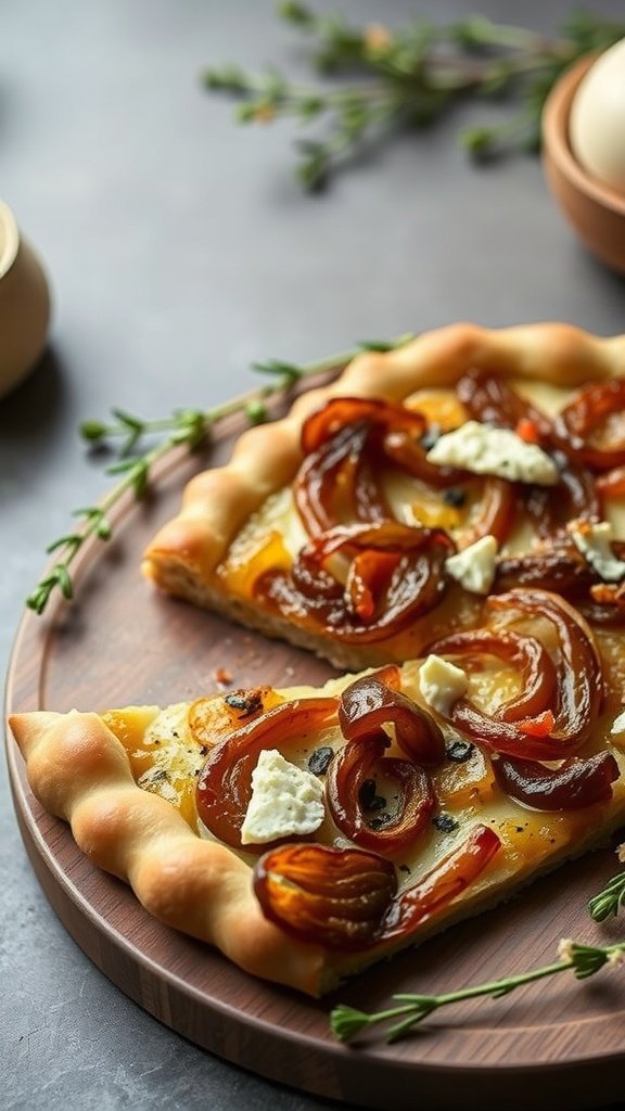 A delicious caramelized onion and Gruyere tart served on a wooden platter.