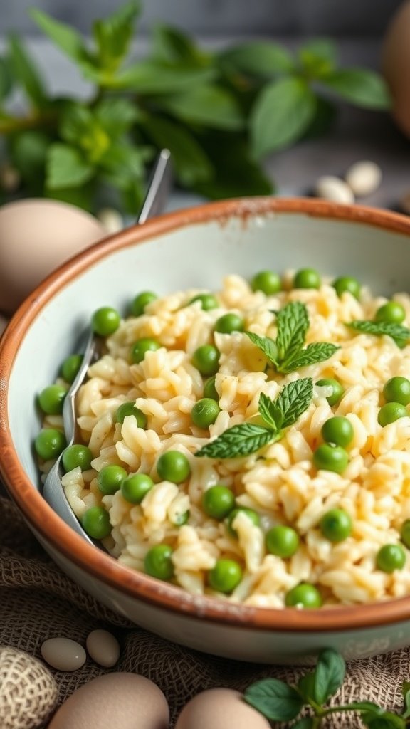 A bowl of creamy spring pea and mint risotto garnished with fresh mint leaves.