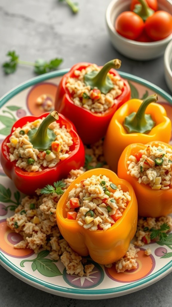 Stuffed bell peppers on a plate, filled with rice and vegetables