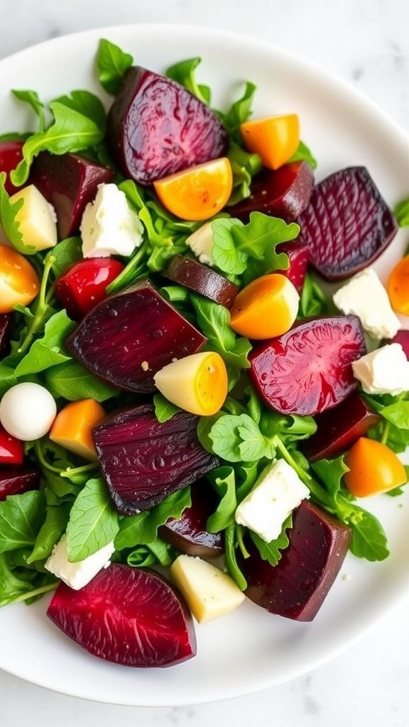 A vibrant salad featuring roasted beets, goat cheese, arugula, and nuts.