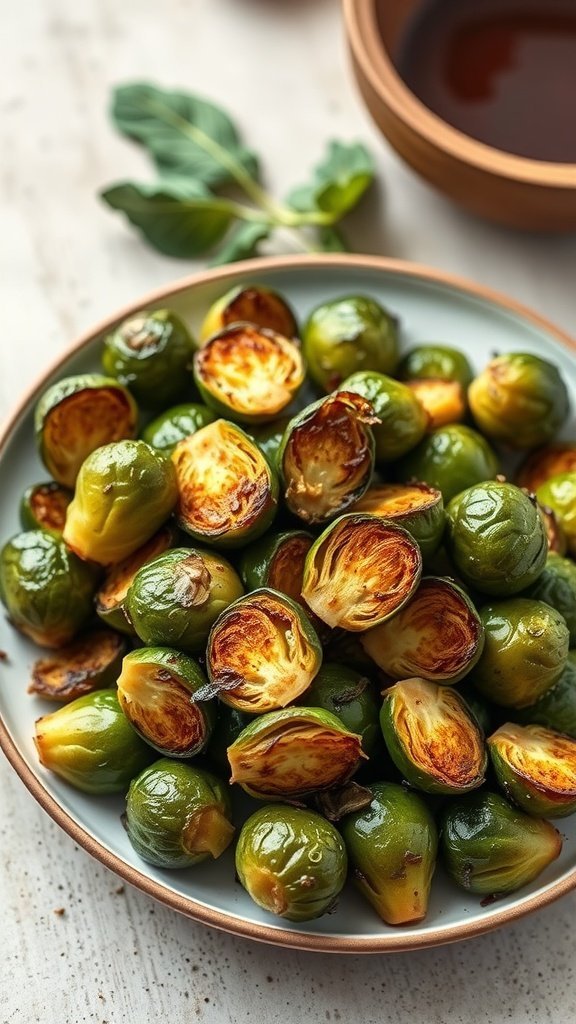 A plate of golden-brown balsamic roasted Brussels sprouts