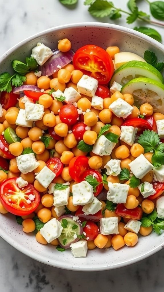 A colorful Mediterranean chickpea salad with fresh vegetables and feta cheese.