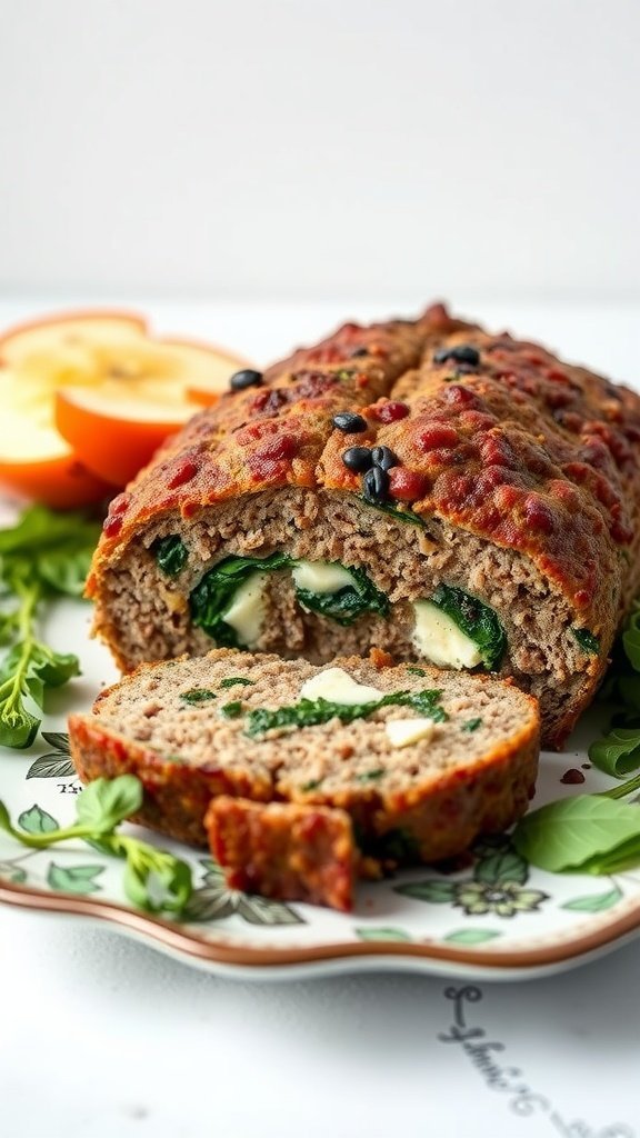 A slice of stuffed meatloaf with spinach and feta, showcasing its colorful filling.