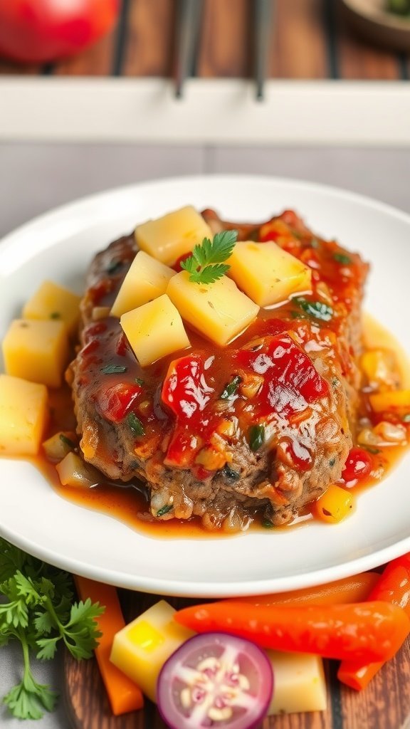 A slice of sweet and sour meatloaf topped with pineapple chunks, served on a white plate.