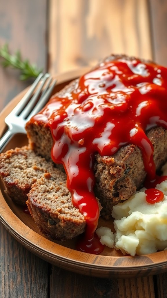 Classic American meatloaf served on a plate with tomato glaze and mashed potatoes.