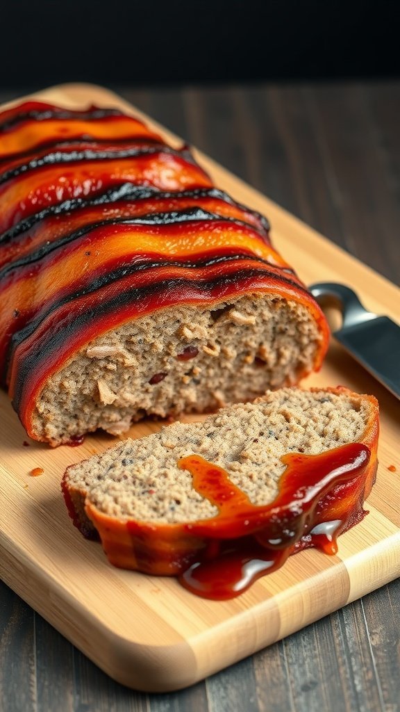 A delicious BBQ bacon wrapped meatloaf on a cutting board, drizzled with barbecue sauce.