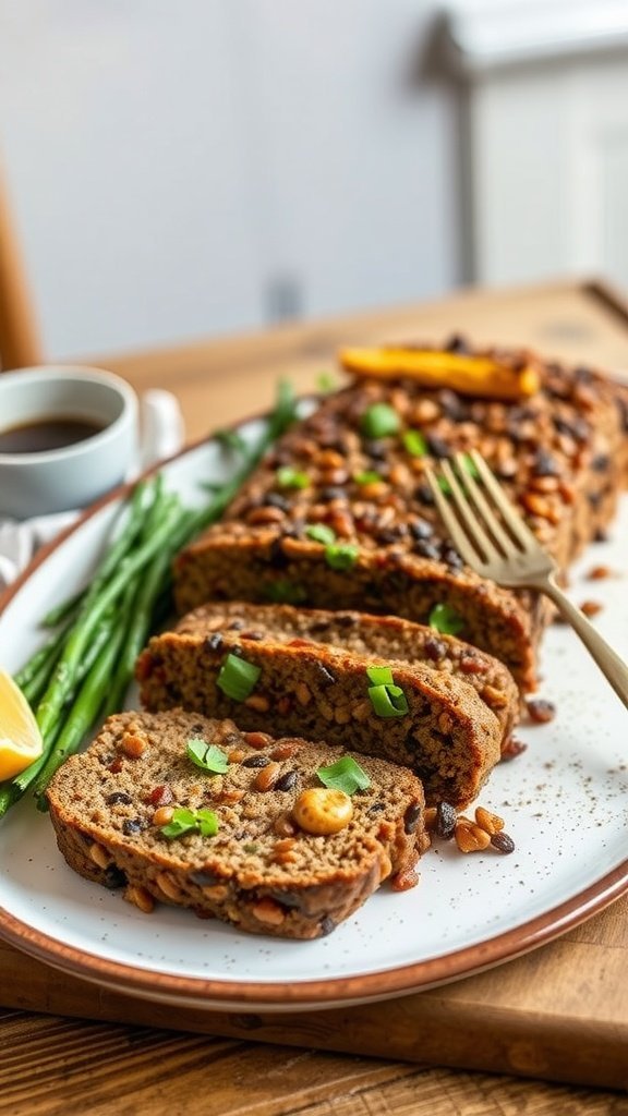 A sliced hearty mushroom and lentil meatloaf served with green beans and a lemon wedge.