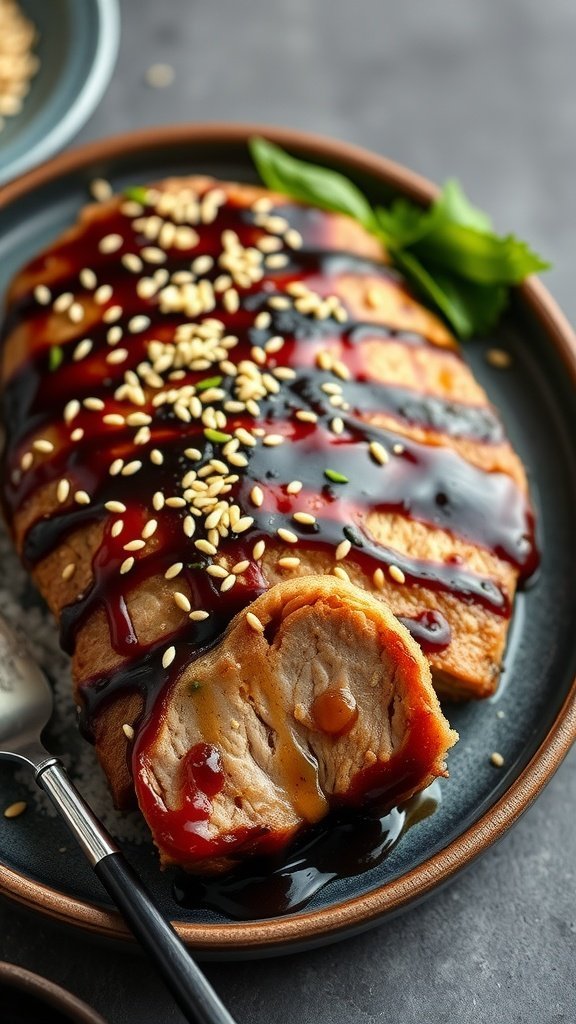 Glazed Teriyaki Meatloaf drizzled with sauce and topped with sesame seeds