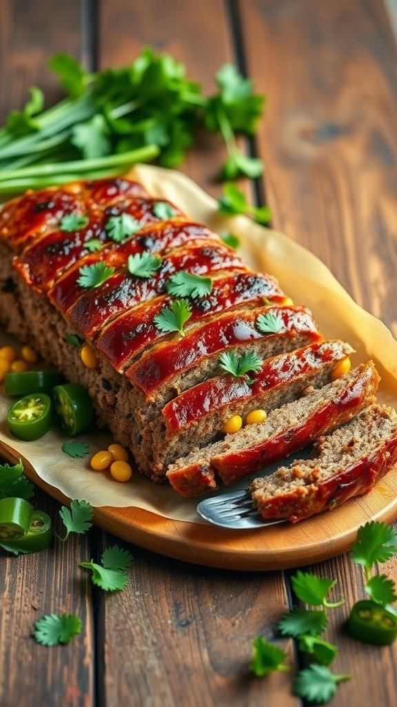 A close-up of a Mexican jalapeño and corn meatloaf garnished with fresh cilantro and served with sliced jalapeños.