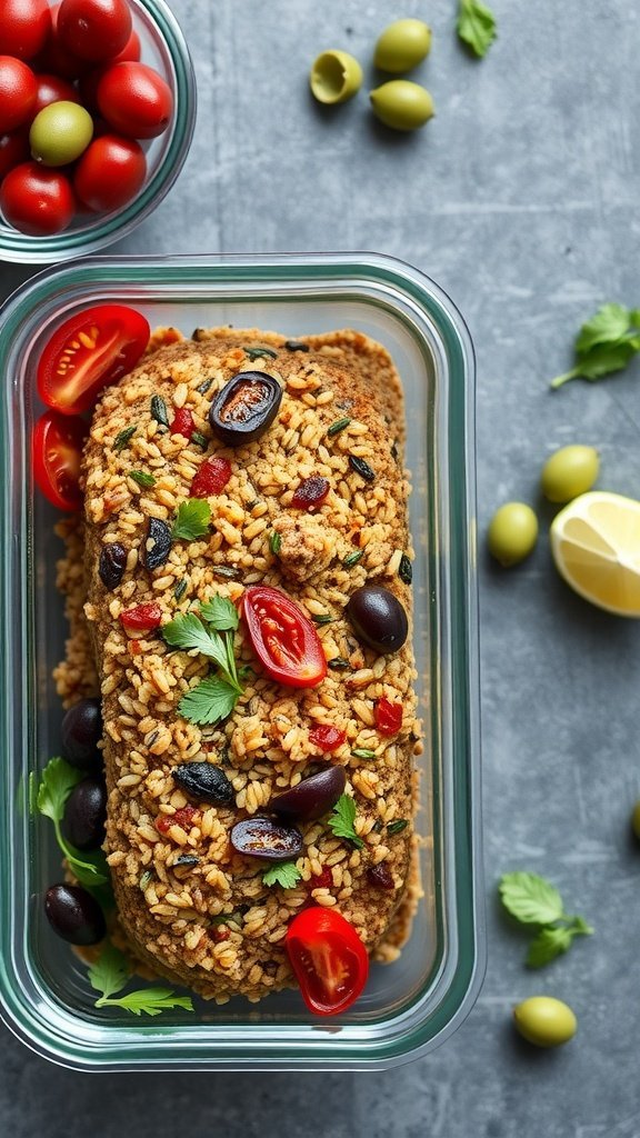 A loaf of Mediterranean quinoa meatloaf garnished with olives and tomatoes, served with fresh herbs.