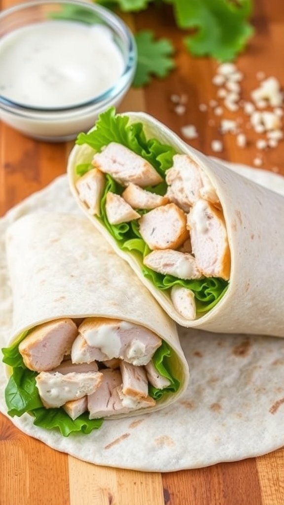 A Chicken Caesar Wrap filled with chicken, romaine, and Caesar dressing, cut in half on a wooden table with Caesar dressing and Parmesan.