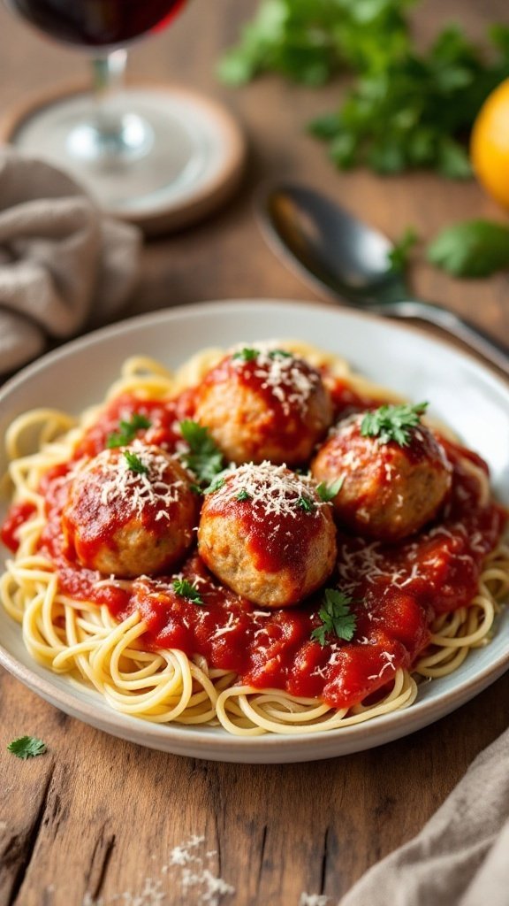 Italian ricotta meatballs served with spaghetti and marinara sauce, garnished with parsley and Parmesan.