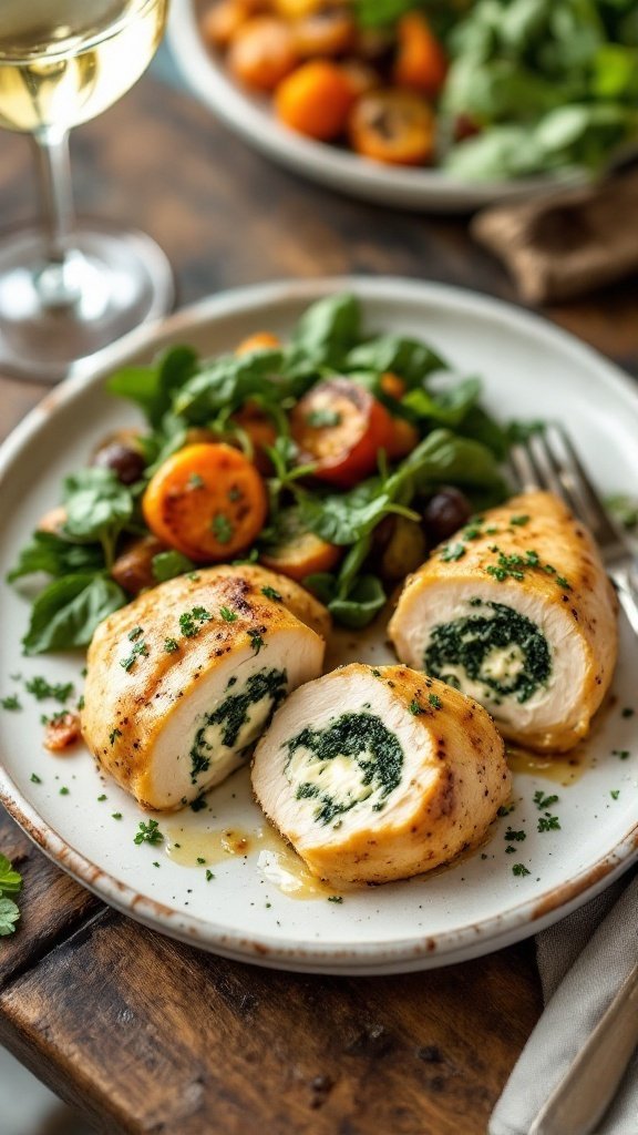 Goat cheese and spinach stuffed chicken breasts on a plate, with herbs and vegetables on the side.