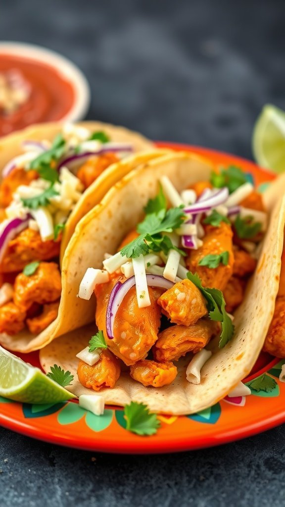 Buffalo chicken tacos with cilantro lime slaw on a colorful plate.