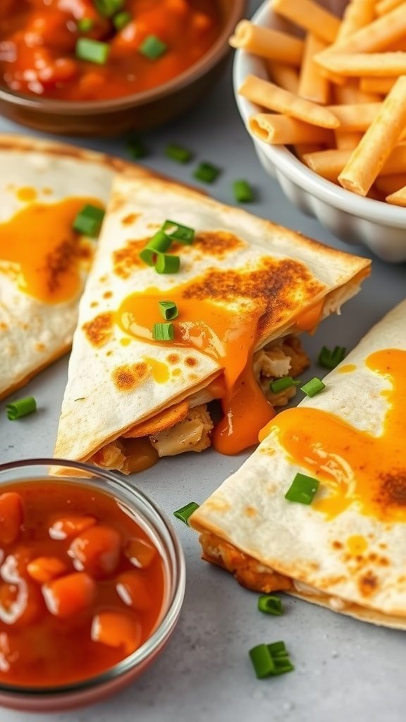 Delicious buffalo chicken quesadillas with melted cheddar cheese and dipping sauce