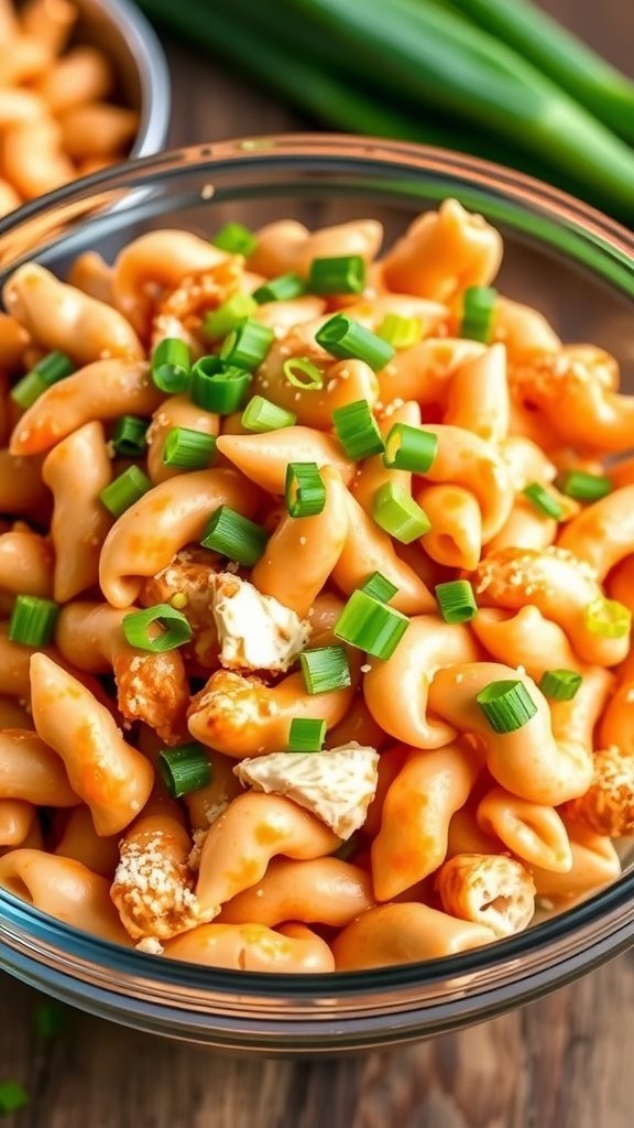 A bowl of buffalo chicken pasta salad with green onions on top.