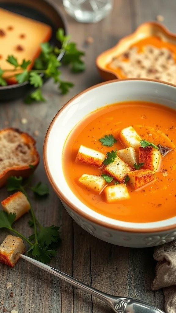 A bowl of buffalo chicken soup topped with croutons and garnished with green onions