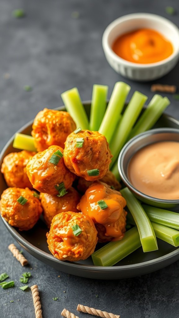 A plate of buffalo chicken meatballs served with celery sticks and dipping sauce.