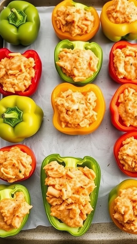 Buffalo chicken stuffed peppers ready for baking