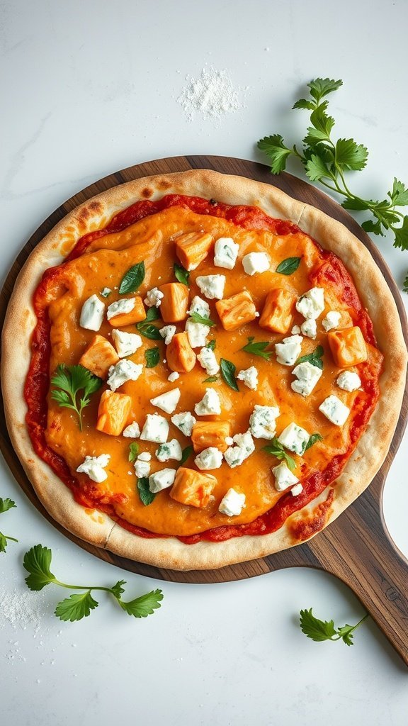 Buffalo chicken pizza topped with blue cheese and fresh herbs.