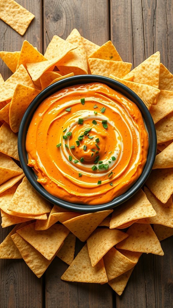 A bowl of buffalo chicken dip surrounded by tortilla chips.