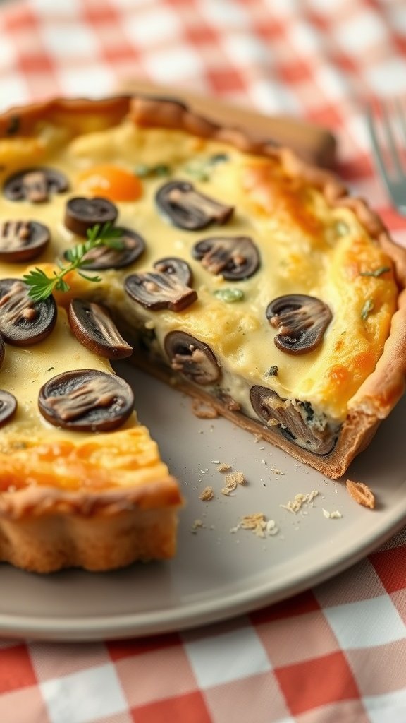 A delicious mushroom and Gruyere quiche with a flaky crust and herbs