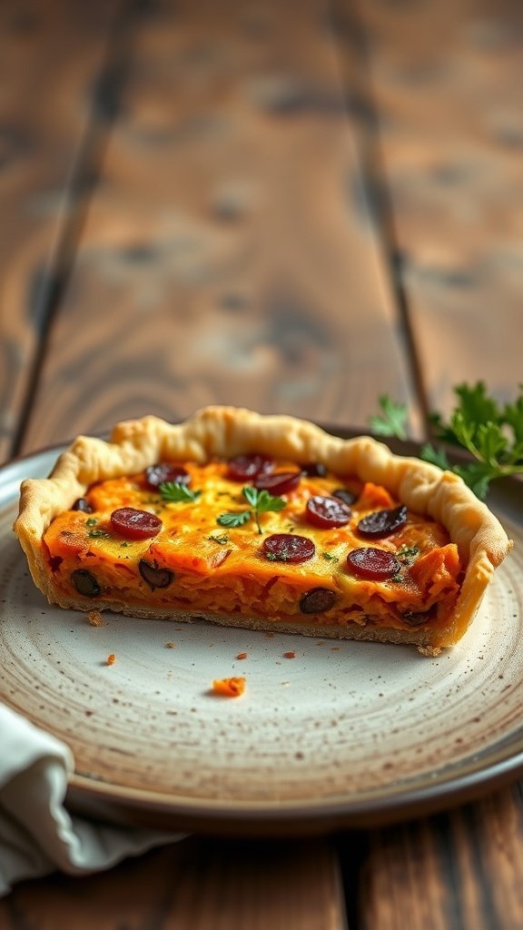 A slice of sweet potato and chorizo quiche on a plate