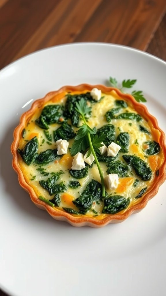 Delicious spinach and feta quiche on a white plate