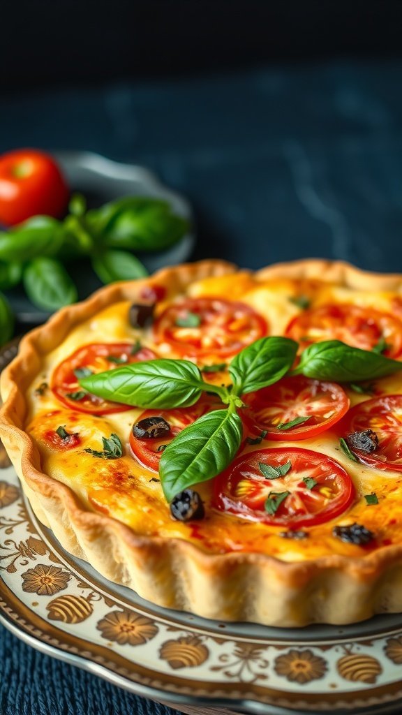 A delicious Tomato and Basil Quiche garnished with fresh basil leaves on a decorative plate.