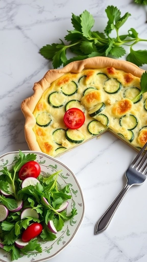 A slice of Zucchini and Parmesan Quiche next to a mixed salad.