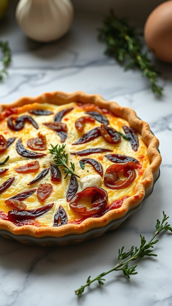 A delicious caramelized onion and goat cheese quiche with a golden crust.