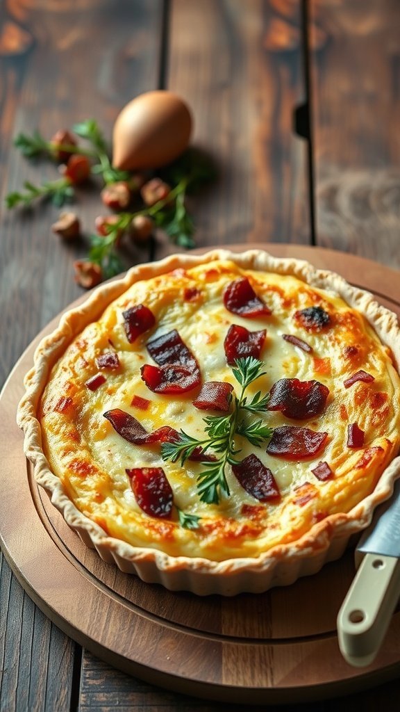 A freshly baked Quiche Lorraine with bacon and cheese.