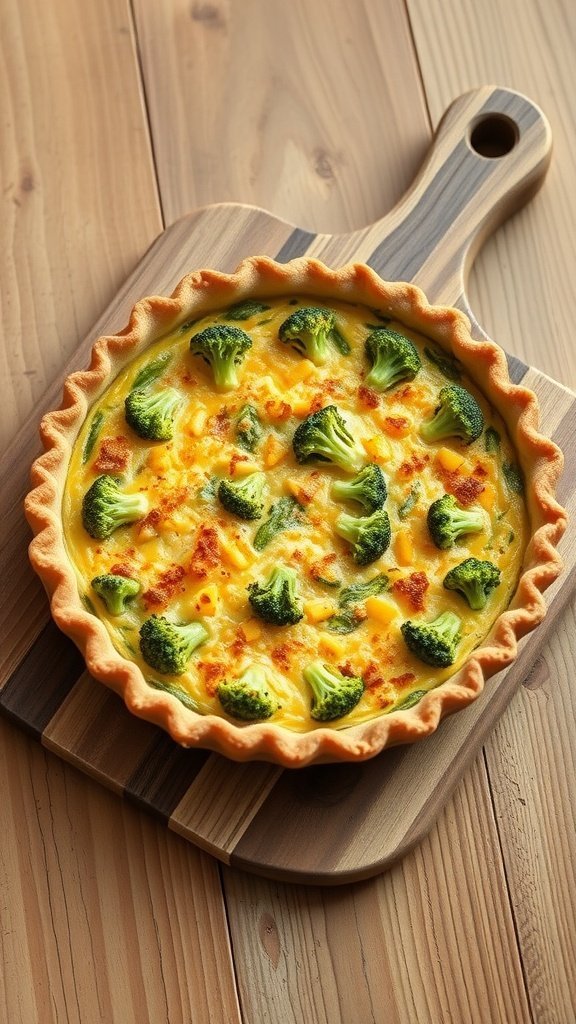 A delicious broccoli and cheddar quiche on a wooden board.