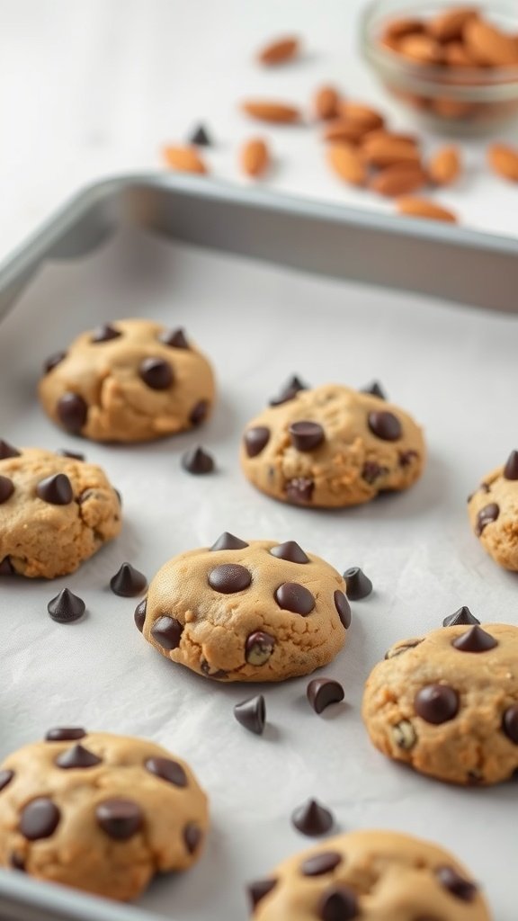 Homemade chocolate chip almond meal cookies on a baking tray