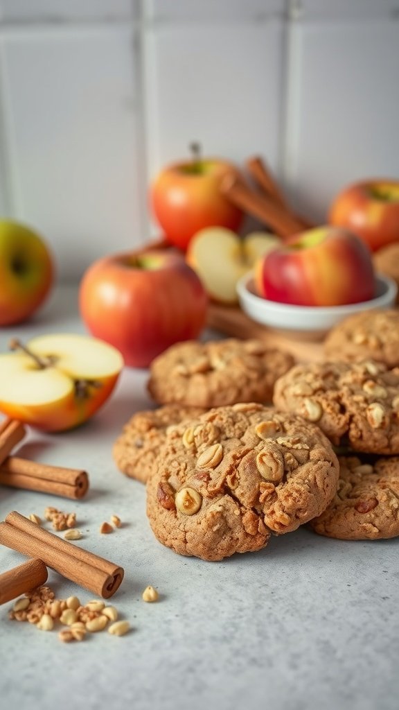 Homemade apple cinnamon granola cookies with fresh apples and cinnamon sticks.