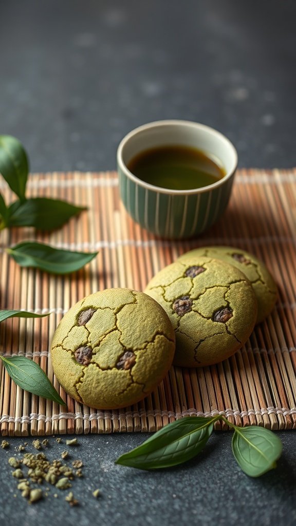 Matcha green tea cookies with a cup of tea