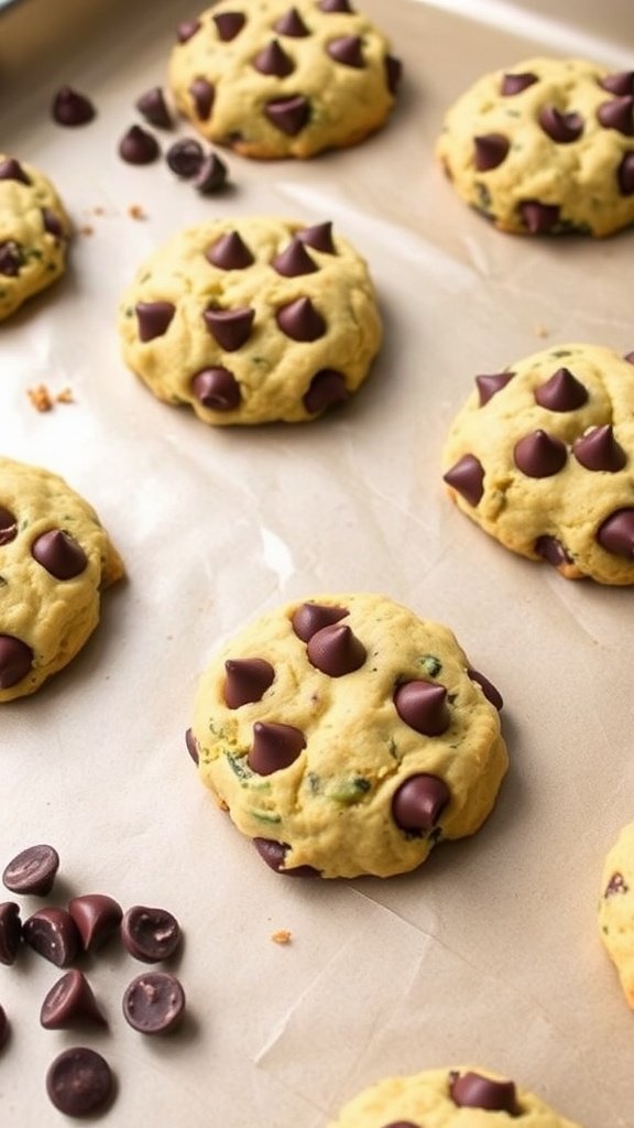 Zucchini chocolate chip cookies baked on parchment paper